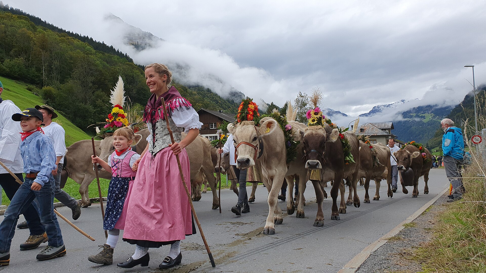 The Alpabzug at Elm — cattle in flower crowns brought down from the high pastures, led through the village by families in traditional dress.