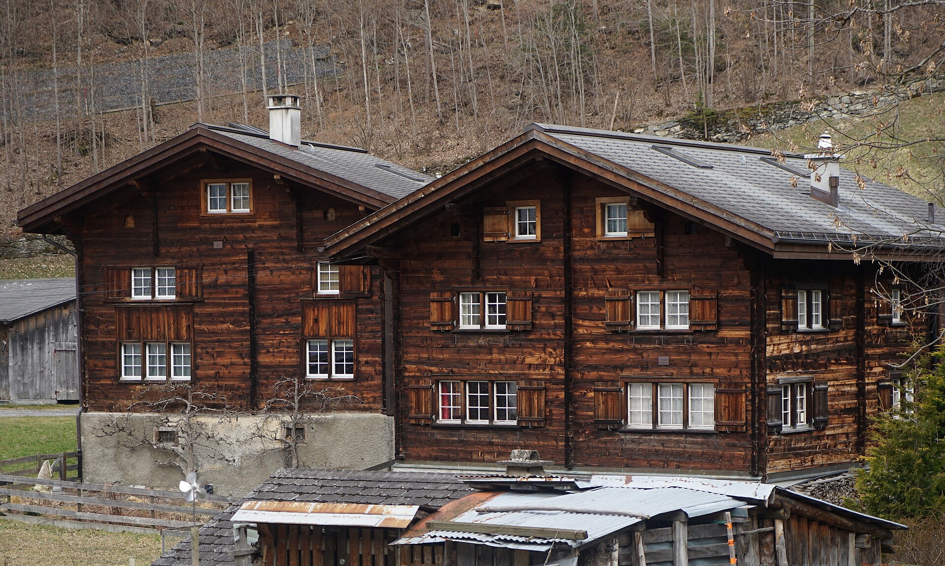 Timber-and-slate houses at Hinterbach in Elm, Switzerland, built between 1820 and 1837 and still in use.
